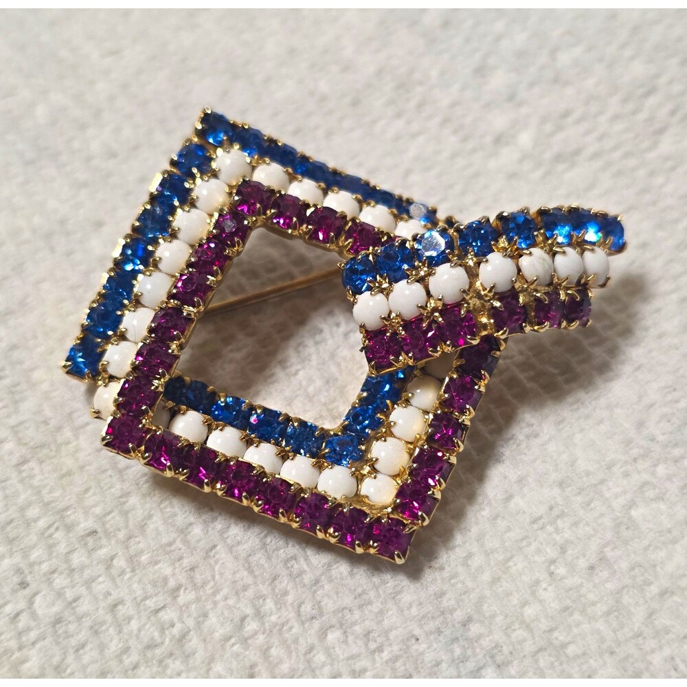 Square Geometric Gold Tone Pavé Rhinestone Brooch Pin Blue Purple White